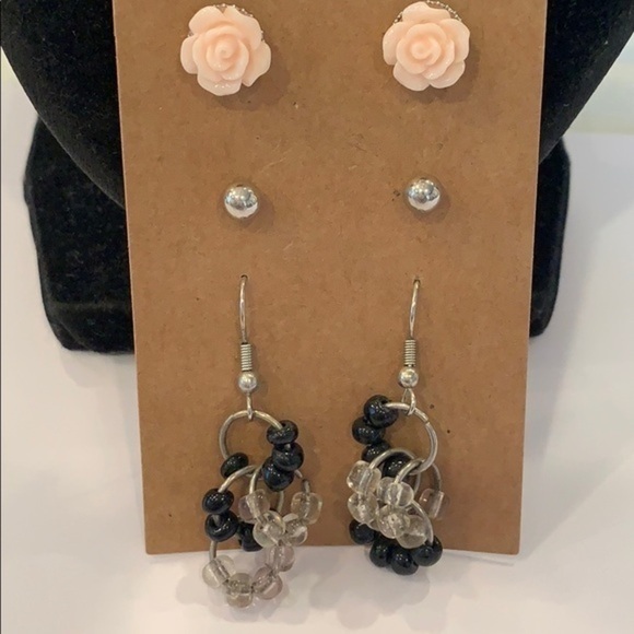 💐5/25 3 pair small rose silver ball stud dangle - Picture 1 of 7